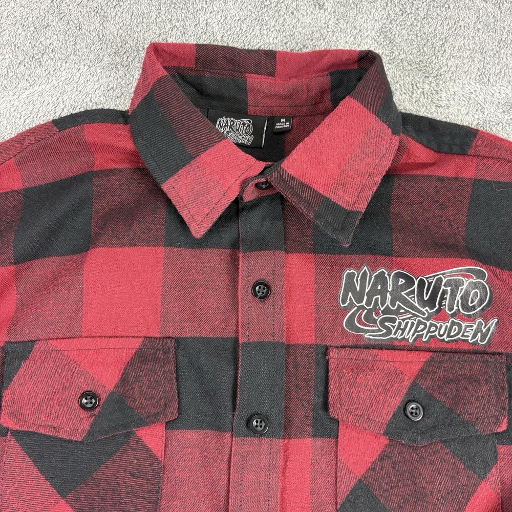 Naruto Shippuden Flannel Shirt Men Sz Medium Red Plaid Button Long Sleeve Casual